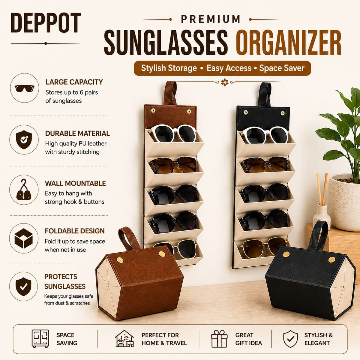 5 Slot Sunglasses Organizer Case Brown feature 1